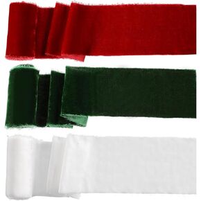 Riceshoot Velvet Ribbon 3 Inch Handmade Fringe Ribbons Frayed Thick Ribbon for Christmas Trees Gift Wrapping Crafts Bows Bouquet Wreath Decorations Baby Shower Party(White, Red, Dark Green)