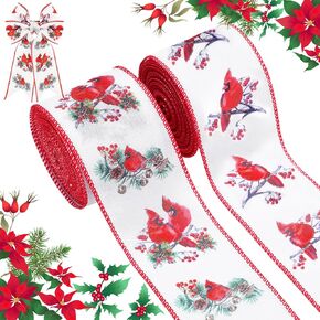 12 Yards 2.5 Inch Red Cardinal Christmas Ribbon Christmas Red Cardinal with Berry Pine Cone Wired Ribbon for Christmas Tree Holly Berry Leaf Gift Wrapping Decor for Xmas Tree Party Favor