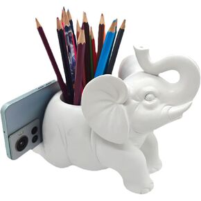 White Elephant Pencil Holder with Phone Stand Tablet PC Holder for Desk Elephant Glasses Holder Elephant Pen Cup Home Office Decor Desk Decor Elephant Gifts