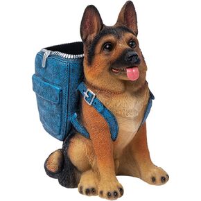 German Shepherd Pen Holder, Office Desk Organizer, Pencil Holder with Backpack, Decorative Resin Dog Statue, Pen Storage for Office, School, Home, Ideal Gift for Dog Lovers (A)