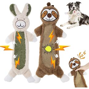 Squeaky Dog Toy, Indestructible Dog Toy for Large Dogs, Tug of War Dog Plush Toys with Crinkle Paper, Interactive No Stuffing Dog Toys for Chewer to Keep Them Busy & Enrichment, 2 Pack Sloth & Bunny