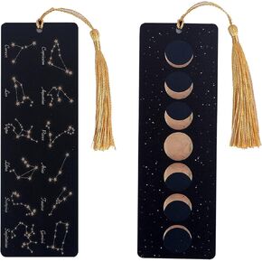 Zodiac Bamboo Bookmarks for Women Silk Tassel - Set of 2, Featuring Zodiac 12 Constellation Astrology and Moon Phases Book Markers for Men, Unique Book Marks Gifts, Unique Gift for Book Lovers