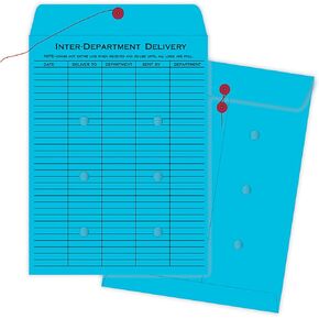 Quality Park Interdepartment String & Button Closure Envelopes, 10" x 13", 1-Sided Narrow Rule, Blue, Box of 100 (QUA63577)