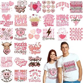Estune 30 Pcs Valentine's Day Iron on Transfers Valentines Heat Transfers Vinyl Pink Valentine's Day DTF Transfers Read to Press Iron on Decals Patches for Clothes Bag Covers DIY Decoration(Western)