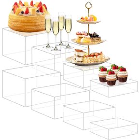 Buffet Risers Set of 8 Acrylic Cube Display Stands Box Risers with Hollow Bottoms 4 Different Size Dessert Table Display Set Food Nesting Risers for Buffet Table, Cupcake Candy Food, Parties, Brunch, Weddings