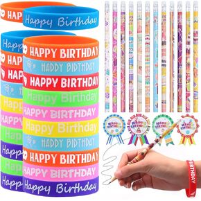 116Pcs Happy Birthday Pencils Set,48 Birthday Pencils 48 Happy Birthday Silicone Bracelets Rubber Wristband 20 Sheets Happy Birthday Stickers for Kids Classroom Envelopes Cake Stickers Gifts