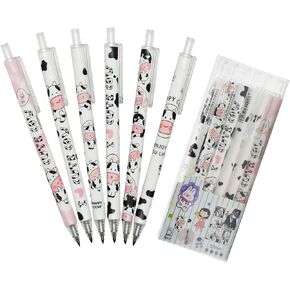 Maydahui 24 Pcs Cartoon Milk Cow Eternal Pencils Retractable HB 0.5 mm Cow Print Everlasting Pencils Magic Inkless Pencil for Student Teacher School Office Supplies Birthday Party Gift