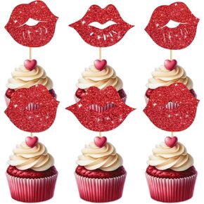 Big Lip Cupcake Topper for Bachelorette Bridal Shower Theme Party Favors Decorations Women Lady Girls Birthday Girls' Night Out Happy Birthday Party Decor Supplies set 18pcs Red Glitter Silhouette