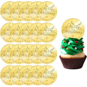 30Pcs Christmas Cake Toppers Golden Round Merry Christmas Acrylic Cupcake Signs Christmas Themed Mirror Cake Discs for DIY Decor Supplies
