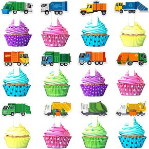 24 Pcs Garbage Truck Cupcake Toppers Set Sanitation Theme Happy Birthday - Kids Sanitation Truck Party, Waste Management Recycling Party, Baby Shower Party Decorations Boy and girl will love - LIANGSS