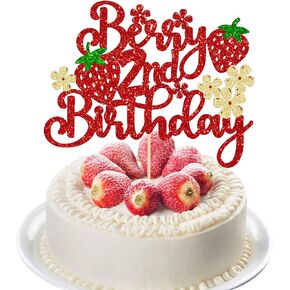 Ephlyn 1Pc Strawberry Berry 2nd Birthday Cake Topper Glitter Second Birthday Flower Strawberry Cake Pick for Sweet Fruit Theme Baby Shower Kids 2nd Birthday Party Cake Decorations Supplies