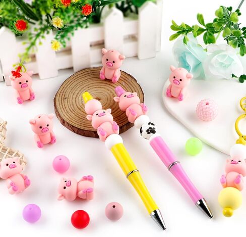 lovyomi 3D Shaped Silicone Beads for Pens, 12Pcs Pig Silicone Beads for Keychain Making Bracelet Necklace Making Loose Rubber Silicone Focal Beads for Pens DIY Craft in Saudi Arabia