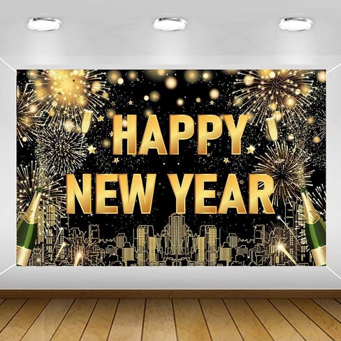 Large Happy New Year Backdrop Banner, Black Gold New Years Banner Happy New Year Decorations 2025, New Years Eve Backdrop 2025 for New Year Eve Party Supplies 2025 in Kuwait