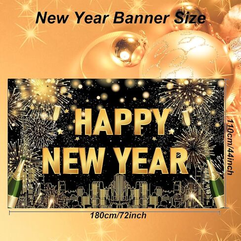 Large Happy New Year Backdrop Banner, Black Gold New Years Banner Happy New Year Decorations 2025, New Years Eve Backdrop 2025 for New Year Eve Party Supplies 2025 in Kuwait