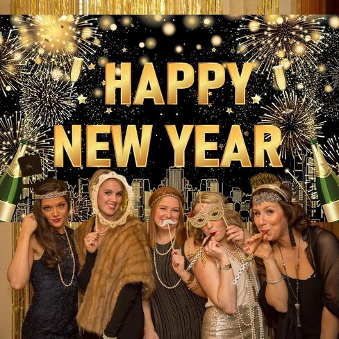 Large Happy New Year Backdrop Banner, Black Gold New Years Banner Happy New Year Decorations 2025, New Years Eve Backdrop 2025 for New Year Eve Party Supplies 2025 in Kuwait