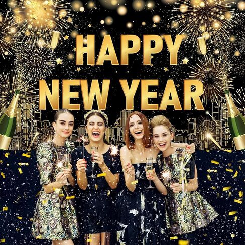 Large Happy New Year Backdrop Banner, Black Gold New Years Banner Happy New Year Decorations 2025, New Years Eve Backdrop 2025 for New Year Eve Party Supplies 2025 in Kuwait