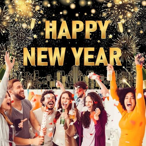 Large Happy New Year Backdrop Banner, Black Gold New Years Banner Happy New Year Decorations 2025, New Years Eve Backdrop 2025 for New Year Eve Party Supplies 2025 in Kuwait