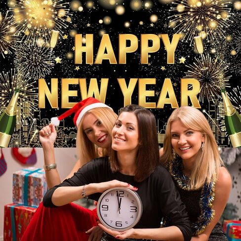 Large Happy New Year Backdrop Banner, Black Gold New Years Banner Happy New Year Decorations 2025, New Years Eve Backdrop 2025 for New Year Eve Party Supplies 2025 in Kuwait