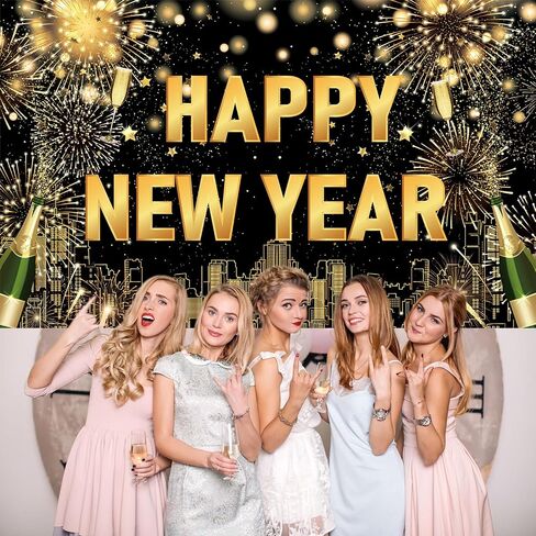 Large Happy New Year Backdrop Banner, Black Gold New Years Banner Happy New Year Decorations 2025, New Years Eve Backdrop 2025 for New Year Eve Party Supplies 2025 in Kuwait