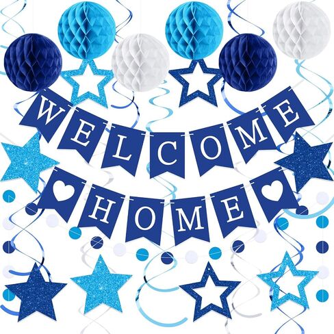 Welcome Home Decorations Welcome Home Banner with Glitter Stars Hanging Swirl Streamers,Honeycomb Balls,Circle Dots Garland,Welcome Home Sign for Homecoming Party Decor Supplies (Blue) in Saudi Arabia