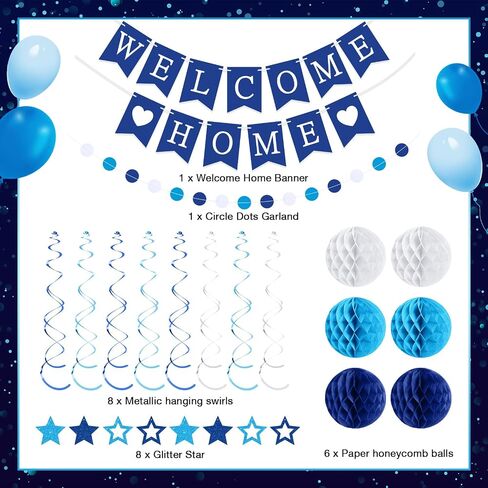 Welcome Home Decorations Welcome Home Banner with Glitter Stars Hanging Swirl Streamers,Honeycomb Balls,Circle Dots Garland,Welcome Home Sign for Homecoming Party Decor Supplies (Blue) in Saudi Arabia