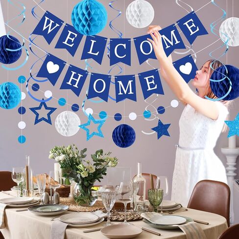 Welcome Home Decorations Welcome Home Banner with Glitter Stars Hanging Swirl Streamers,Honeycomb Balls,Circle Dots Garland,Welcome Home Sign for Homecoming Party Decor Supplies (Blue) in Saudi Arabia