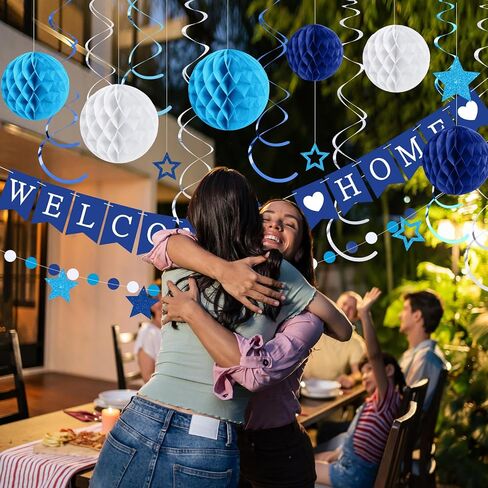 Welcome Home Decorations Welcome Home Banner with Glitter Stars Hanging Swirl Streamers,Honeycomb Balls,Circle Dots Garland,Welcome Home Sign for Homecoming Party Decor Supplies (Blue) in Saudi Arabia