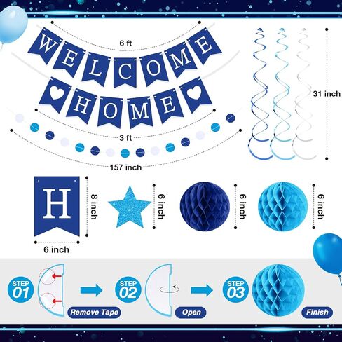 Welcome Home Decorations Welcome Home Banner with Glitter Stars Hanging Swirl Streamers,Honeycomb Balls,Circle Dots Garland,Welcome Home Sign for Homecoming Party Decor Supplies (Blue) in Saudi Arabia