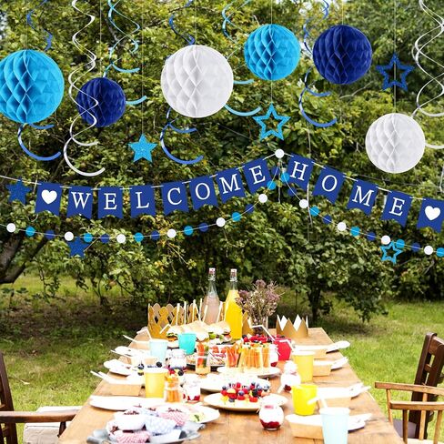 Welcome Home Decorations Welcome Home Banner with Glitter Stars Hanging Swirl Streamers,Honeycomb Balls,Circle Dots Garland,Welcome Home Sign for Homecoming Party Decor Supplies (Blue) in Saudi Arabia