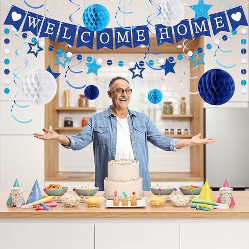 Welcome Home Decorations Welcome Home Banner with Glitter Stars Hanging Swirl Streamers,Honeycomb Balls,Circle Dots Garland,Welcome Home Sign for Homecoming Party Decor Supplies (Blue) in Saudi Arabia
