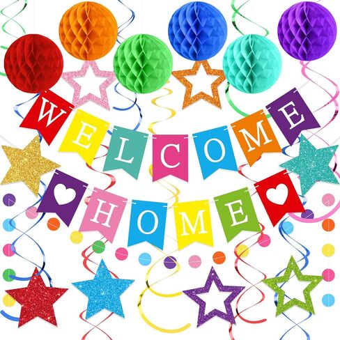 Welcome Home Decorations Welcome Home Banner with Glitter Stars Hanging Swirl Streamers,Honeycomb Balls,Circle Dots Garland,Welcome Home Sign for Homecoming Party Decor Supplies (Blue) in Saudi Arabia