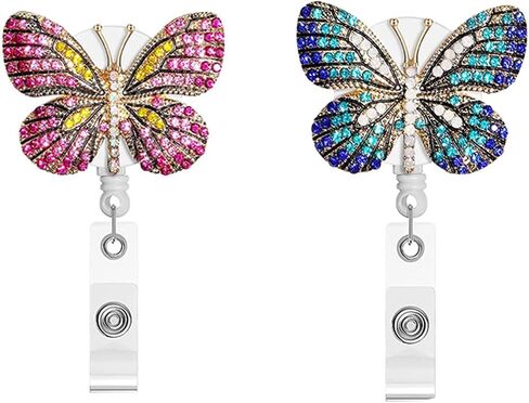 2Pcs Retractable Badge Reel, Bling Diamond Nurse Badge Holder Reels with Swivel Alligator Clip for Teachers Students Employees Identification Badges and Supplies (Crystal Blue and Pink Butterfly) in Saudi Arabia