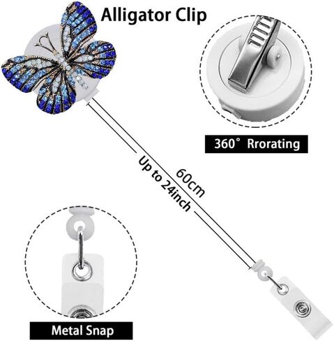 2Pcs Retractable Badge Reel, Bling Diamond Nurse Badge Holder Reels with Swivel Alligator Clip for Teachers Students Employees Identification Badges and Supplies (Crystal Blue and Pink Butterfly) in Saudi Arabia
