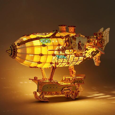 FUNPOLA LED 3D Wood Puzzle Fantasy Airship Model - Steampunk DIY Craft Kit with LED Lights – Intricate Wooden Airship Model Building Set for Teens and Adults(White) in Kuwait