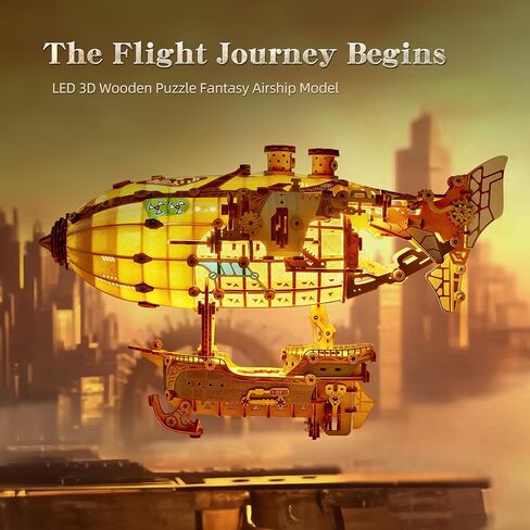 FUNPOLA LED 3D Wood Puzzle Fantasy Airship Model - Steampunk DIY Craft Kit with LED Lights – Intricate Wooden Airship Model Building Set for Teens and Adults(White) in Kuwait
