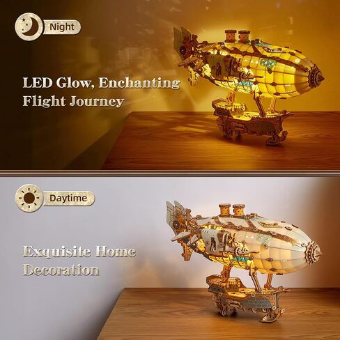 FUNPOLA LED 3D Wood Puzzle Fantasy Airship Model - Steampunk DIY Craft Kit with LED Lights – Intricate Wooden Airship Model Building Set for Teens and Adults(White) in Kuwait