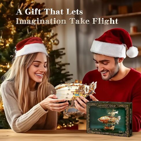 FUNPOLA LED 3D Wood Puzzle Fantasy Airship Model - Steampunk DIY Craft Kit with LED Lights – Intricate Wooden Airship Model Building Set for Teens and Adults(White) in Kuwait