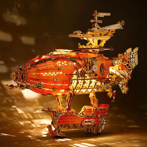 FUNPOLA LED 3D Wood Puzzle Fantasy Airship Model - Steampunk DIY Craft Kit with LED Lights – Intricate Wooden Airship Model Building Set for Teens and Adults(White) in Kuwait