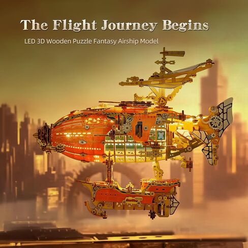 FUNPOLA LED 3D Wood Puzzle Fantasy Airship Model - Steampunk DIY Craft Kit with LED Lights – Intricate Wooden Airship Model Building Set for Teens and Adults(White) in Kuwait
