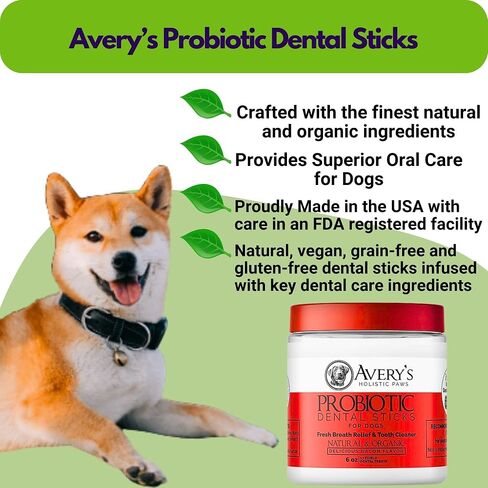 Avery's Holistic Paws Probiotic Dental Stick Treats for Dogs - 23 Peanut Butter Edible Dog Chews, 3 Inches Each - Natural & Organic Dog Chew Sticks for Oral Care - Teeth Cleaning Chews Made in USA in Saudi Arabia