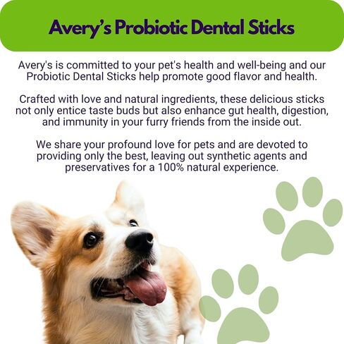 Avery's Holistic Paws Probiotic Dental Stick Treats for Dogs - 23 Peanut Butter Edible Dog Chews, 3 Inches Each - Natural & Organic Dog Chew Sticks for Oral Care - Teeth Cleaning Chews Made in USA in Saudi Arabia