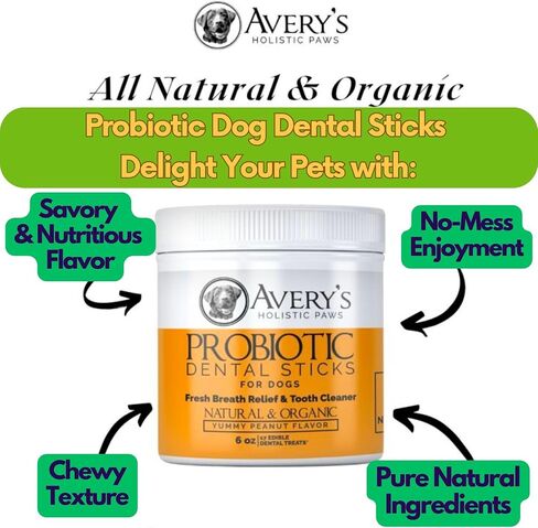 Avery's Holistic Paws Probiotic Dental Stick Treats for Dogs - 23 Peanut Butter Edible Dog Chews, 3 Inches Each - Natural & Organic Dog Chew Sticks for Oral Care - Teeth Cleaning Chews Made in USA in Saudi Arabia
