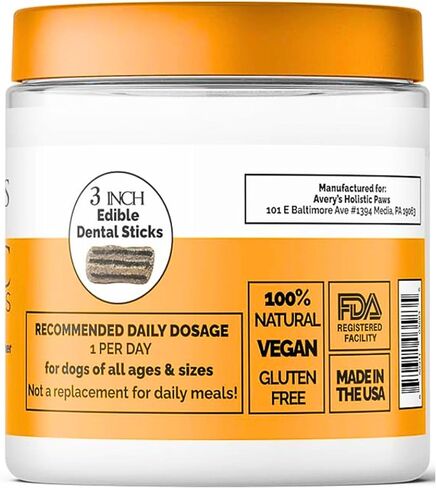 Avery's Holistic Paws Probiotic Dental Stick Treats for Dogs - 23 Peanut Butter Edible Dog Chews, 3 Inches Each - Natural & Organic Dog Chew Sticks for Oral Care - Teeth Cleaning Chews Made in USA in Saudi Arabia