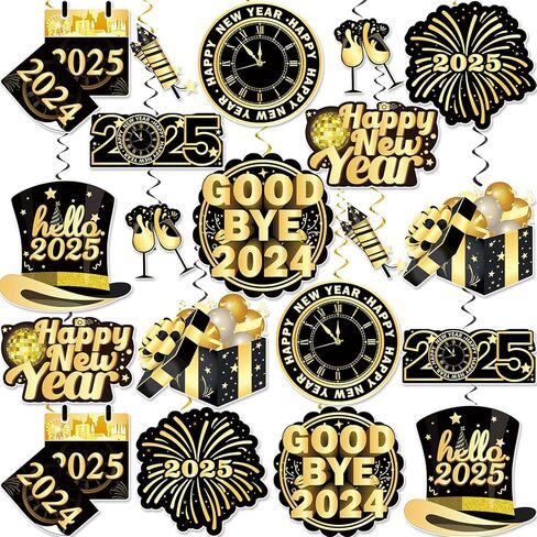40 قطعة من زخارف السنة الجديدة السعيدة 2025 دوامات معلقة، NO-DIY 2025 لوازم حفلات ليلة رأس السنة الجديدة دوامات معلقة للعام الجديد السعيد، دوامات معلقة من الذهب الأسود للعام الجديد، دوامات سقف من رقائق معدنية للعام الجديد in Kuwait