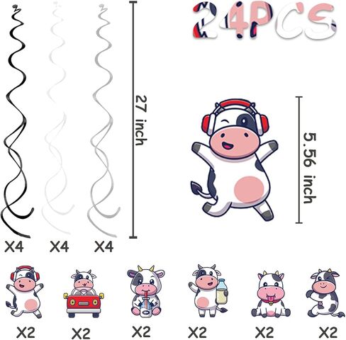 24PCS Cow Hanging Swirl Cow Party Decorations for Boys Kids Theme Birthday Party Supplies Hanging Spiral Garlands Ceiling Decor (Cute Cow) in Saudi Arabia