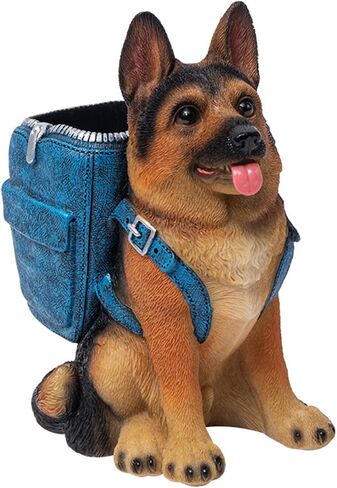 German Shepherd Pen Holder, Office Desk Organizer, Pencil Holder with Backpack, Decorative Resin Dog Statue, Pen Storage for Office, School, Home, Ideal Gift for Dog Lovers (A) in Kuwait