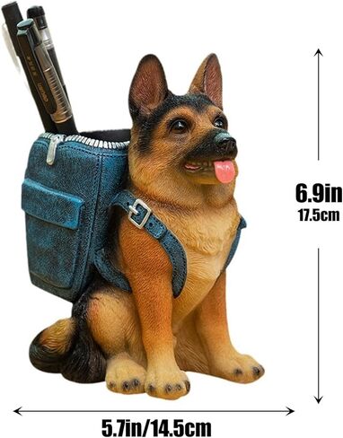 German Shepherd Pen Holder, Office Desk Organizer, Pencil Holder with Backpack, Decorative Resin Dog Statue, Pen Storage for Office, School, Home, Ideal Gift for Dog Lovers (A) in Kuwait