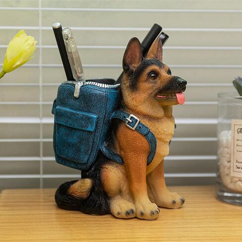 German Shepherd Pen Holder, Office Desk Organizer, Pencil Holder with Backpack, Decorative Resin Dog Statue, Pen Storage for Office, School, Home, Ideal Gift for Dog Lovers (A) in Kuwait