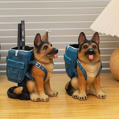 German Shepherd Pen Holder, Office Desk Organizer, Pencil Holder with Backpack, Decorative Resin Dog Statue, Pen Storage for Office, School, Home, Ideal Gift for Dog Lovers (A) in Kuwait