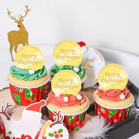 30Pcs Christmas Cake Toppers Golden Round Merry Christmas Acrylic Cupcake Signs Christmas Themed Mirror Cake Discs for DIY Decor Supplies in Saudi Arabia